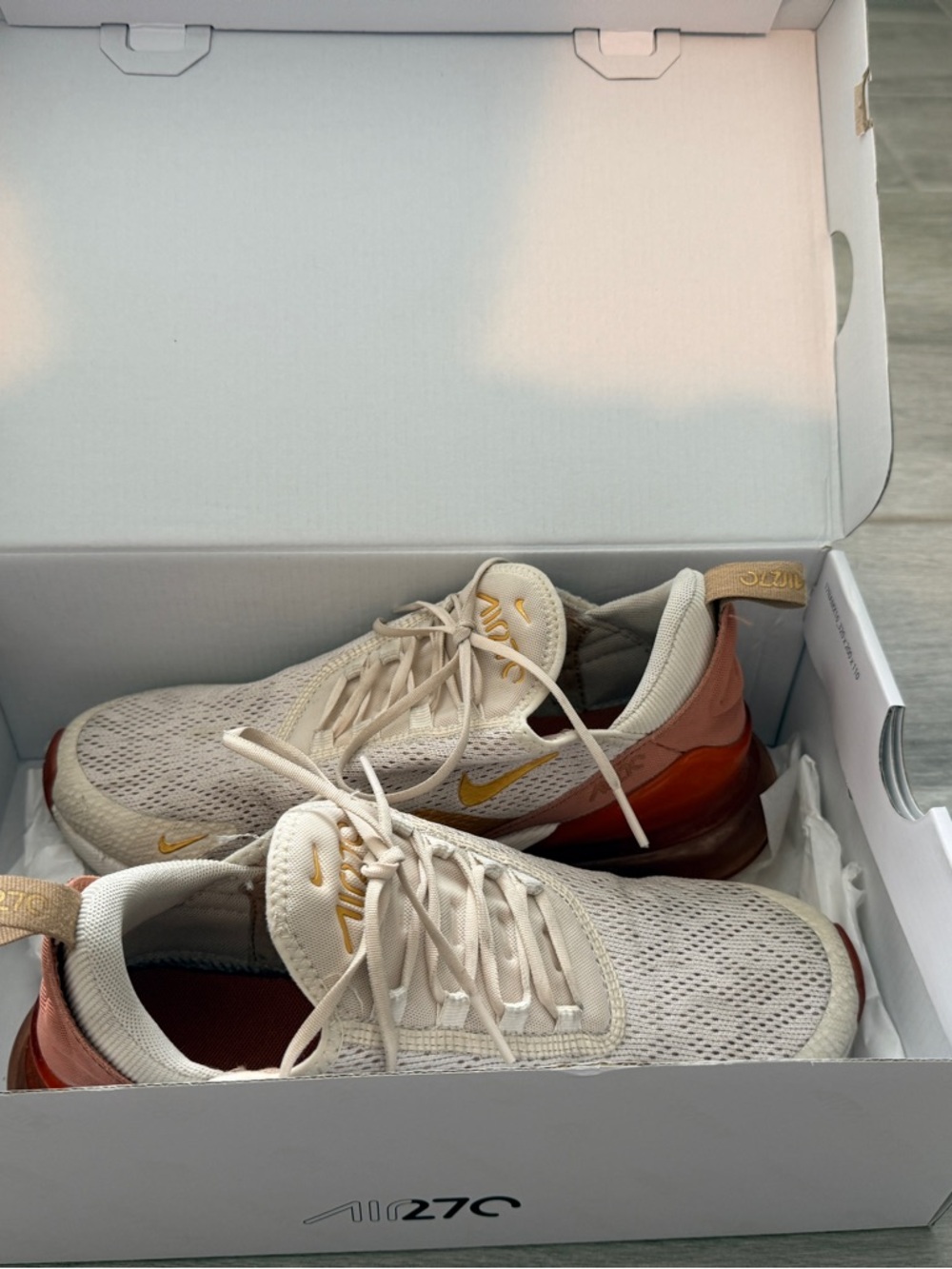 Nike women’s Air Max 270 in Cream with Rust and Gold Accents